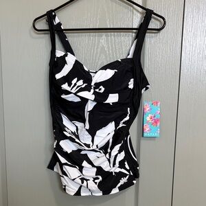 Hapari Black & White Floral Ruched One-Piece Swim